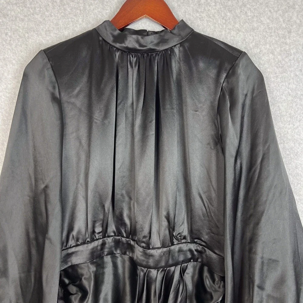 House of CB Black Khristen Balloon Long Sleeve Blouson Satin Mini Dress Sz Large